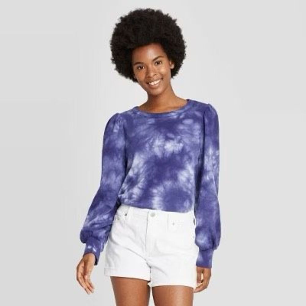 Universal Thread Blue Tie Dye Boxy Fit Puffed Sleeve Top Size XL Boho